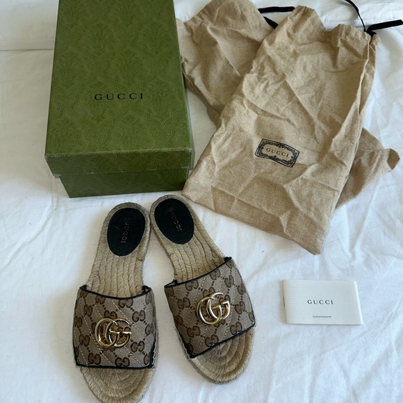 Gucci GG Supreme Canvas Espadrille Slides with Gold Double G Logo Size 36 1/2 - Picture 1 of 6
